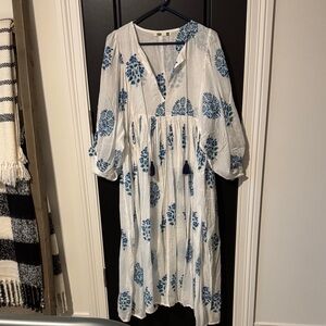 Women's White Dress with Blue Floral Print